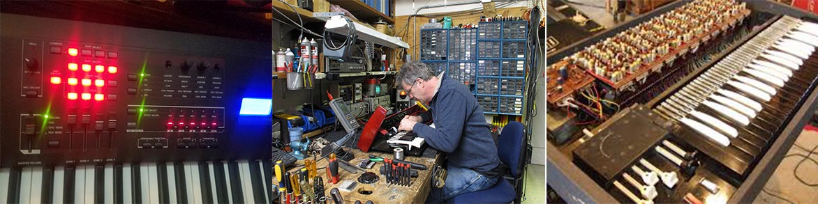 Kawai electric keyboard, Red Nord keyboard on bench, Farfisia organ opened up for repair